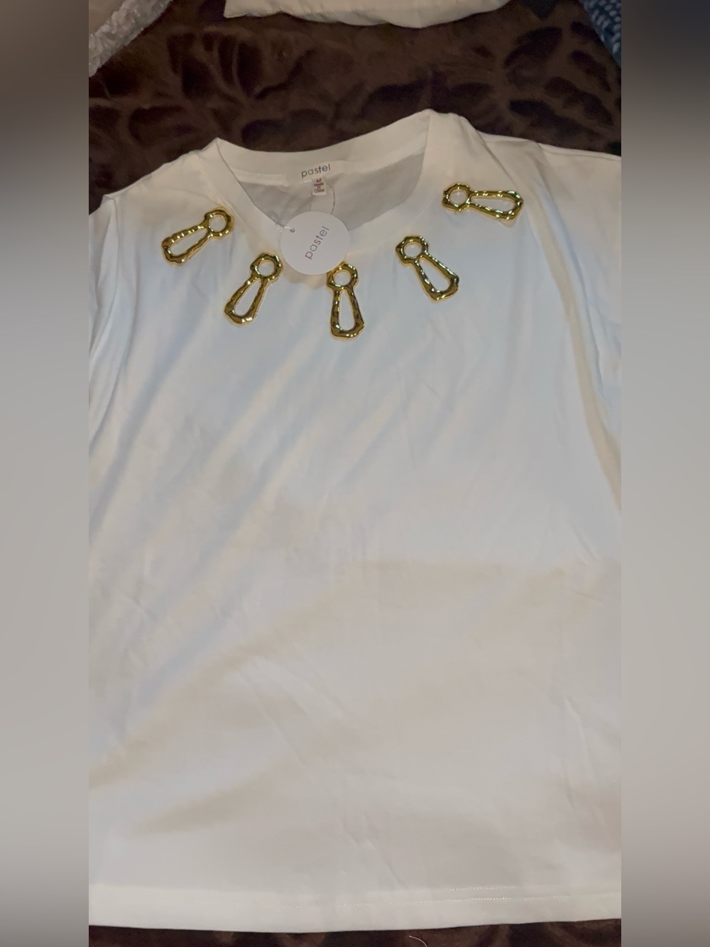 Pastels White Tee with Gold Keyhole Embellishments